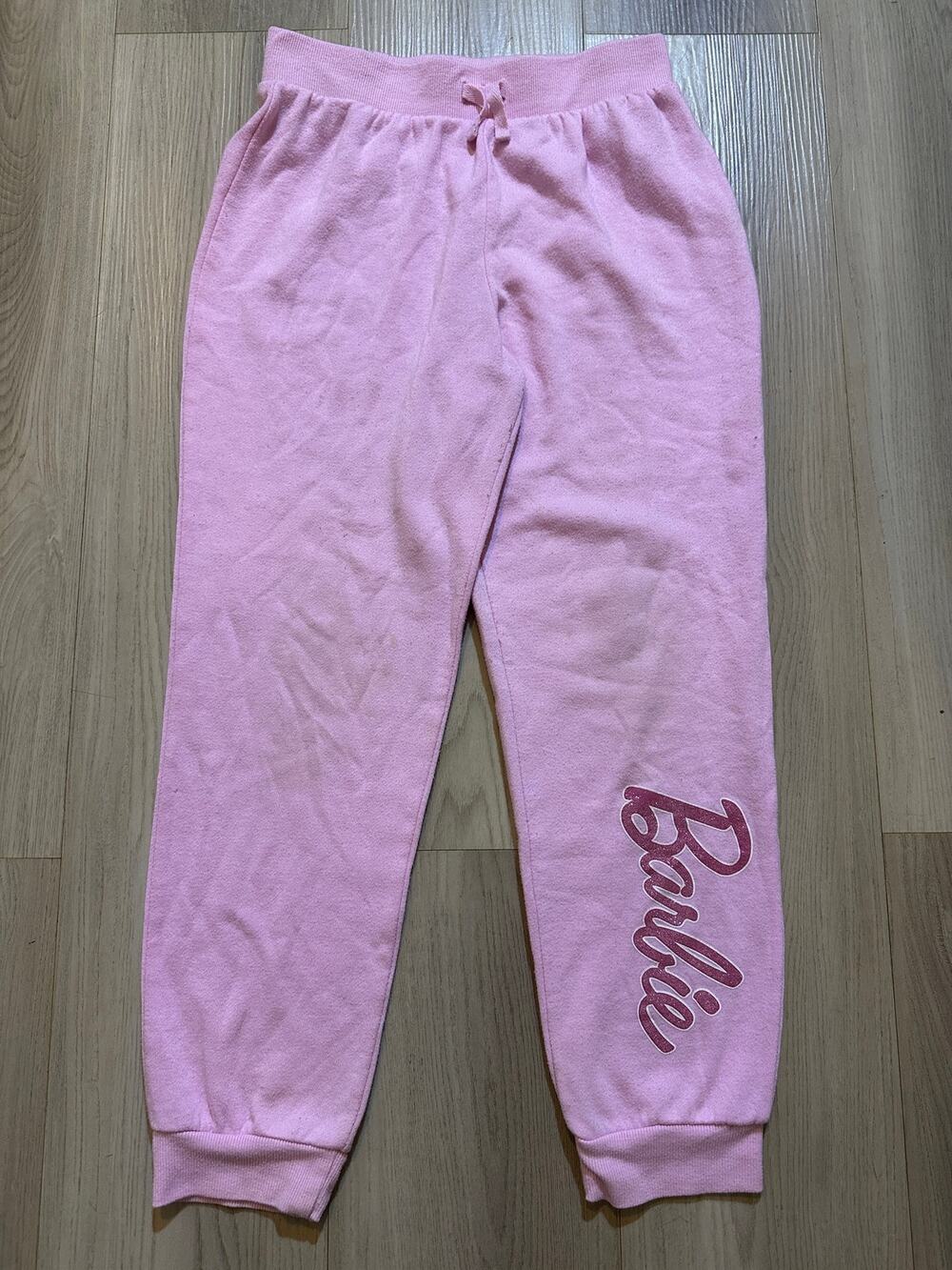 Barbie Girls Size 12 Pink Fleece Joggers Sweatpants Glitter Logo Mattel 2024